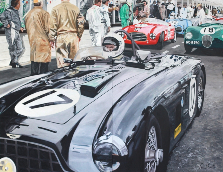 Aston Martin DB3.|In the pit lane at Goodwood Revival.|Freddie March Memorial Trophy 2013.|Oil on Canvas.|Overal size 72 x 92 inches (183 x 234 cm).|Diptych.|SOLD