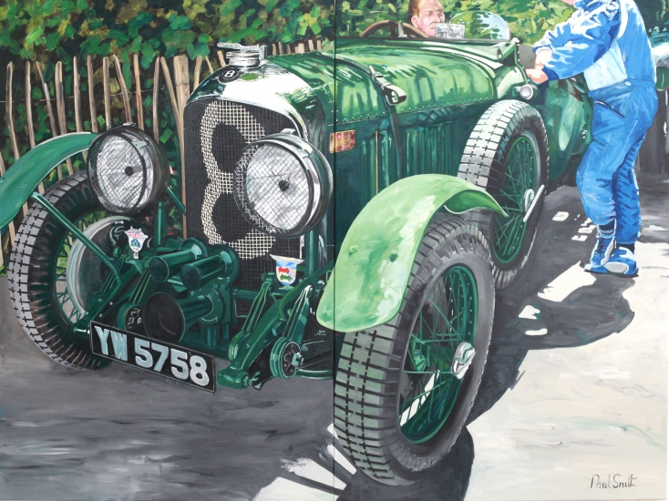 Bentley  4.5 Litre.|1929 Jack Barclay won the first Brooklands 500 mile race in this car .|Diptych.|Painted on two seperate canvases.|Overall size 72 x 96 inches (183 x 244 cm).|� Sold