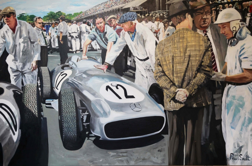 1955 British Grand Prix.|Positioning the cars on the starting grid.|Stirling Moss with the Mercedes team manager Alfred Neubauer and Rudolf Uhlenhaut race engineer.|Original oil on linen canvas painting by Artist Paul Smith.|48 x 72 inches ( 122 x 183 cm).SOLD