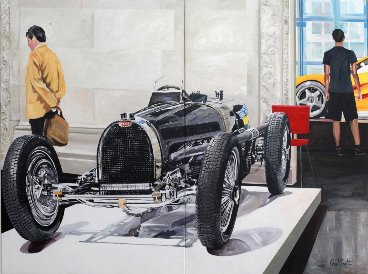 Bugatti 59 and McLaren F1.|Ralf Lauren Car Collection, Les Arts Decoratifs,|Paris 2011.|Oil on Canvas.Diptych.|Painted on two seperate canvases.|Overall size 72 x 96 inches ( 183 x 244cm).|� Sold