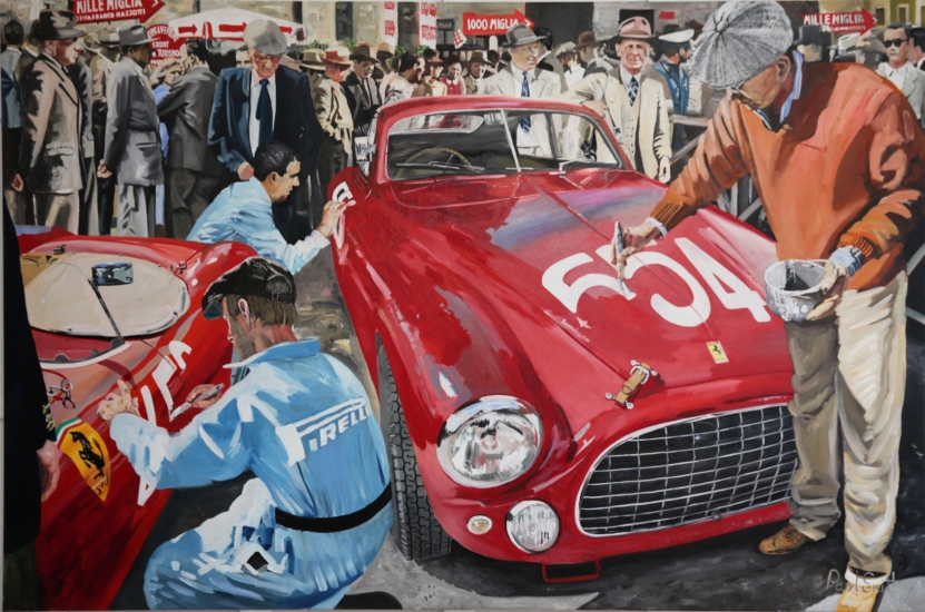 Mille Miglia 1950's,painting the start numbers on the cars,|Original Oil on linen canvas painting by Paul Smith.|72 x 108 inches (183 x  275 cm).|For sale POA.