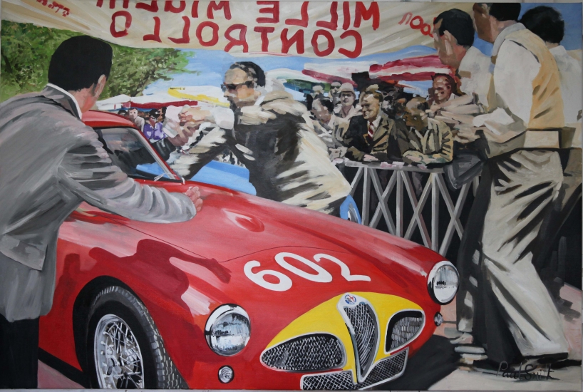 Mille Miglia 1953, Juan Manuel Fangio and Giulio Sala arrive at a control point , in Alfa Romeo 6C 3000 CM.|Original oil on linesn canvas painting by Artist Paul Smith.|48 x 72 inches ( 122 x 183cm).|� Sold