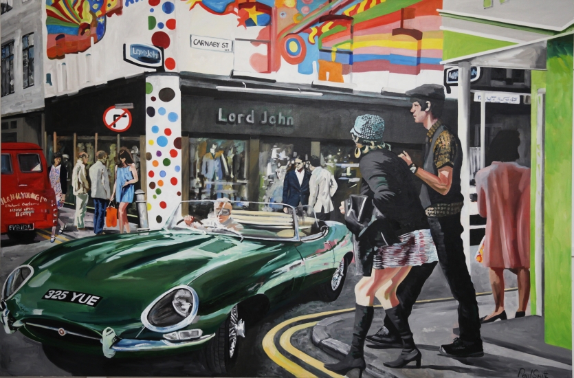 E Type Jaguar on the corner of Carnaby Street and Gantan Street , central London1965.|in front of the psychedelic painted boutique Lord John.|Original oil on canvas painting by Artist Paul Smith.|72 x 108 inches ( 183 x 275cm).|SOLD