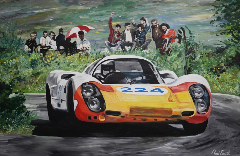 Porsche 907, Vic Elford/Umberto Maglioli win the 1968 Targa Florio.|Original oil on canvas painting by Artist Paul Smith.|48 x 72 inches (122 x 183cm.)|� POA