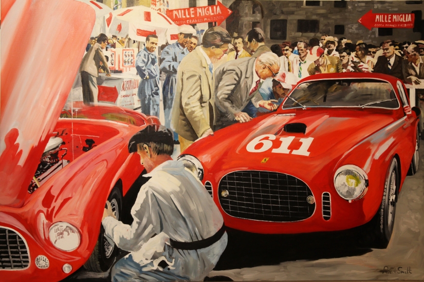 Ferrarri 250s Berlinette Vignale, number 611,driven by Bracco & Rolfo.|Win the 1952 Mille Miglia.|Original oil on Linen Canvas painting by artist Paul Smith.|48 x 72 inches ( 122 x 183 cm).|SOLD