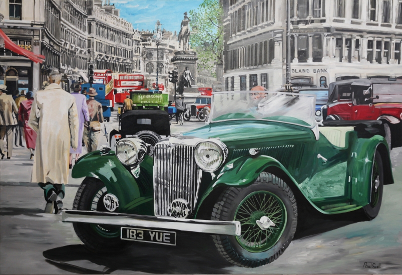 SS 1 in Holborn High Street,central London ca 1930,|Original oil on canvas painting by Artist Paul Smith.|72 x 108 inches ( 183 x 275 cm).|� SOLD