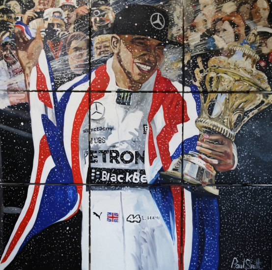 Lewis Hamilton wins the 2015 5 British GP at Silverstone,|and gets the Champagne treatment while holding the trophy.|Original Oil on Linen canvas painting by Artist Paul Smith.|185 x 185cm (73 x 73 inches)| Painted on 9 seperate canvases, mounted together on a frame for simple installation.|For sale � SOLD