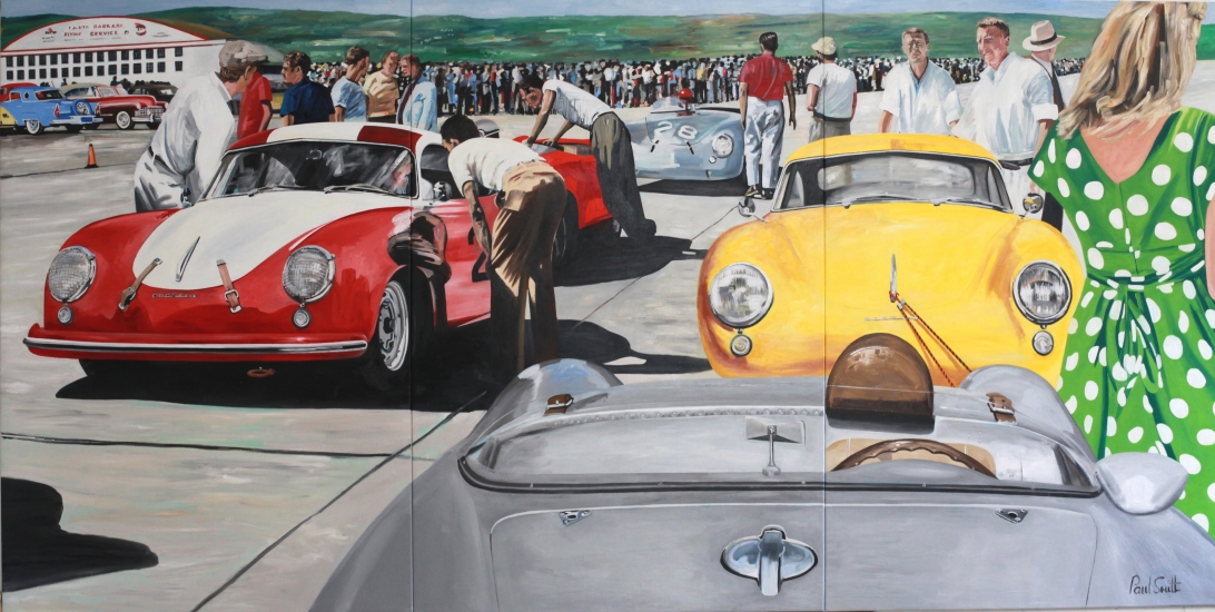 Porsche at Santa Barbara road race.|Oil on canvas.|Triptych,painted on 3 seperate canvas 183 x 366cm (72 x 144 inches).|SOLD