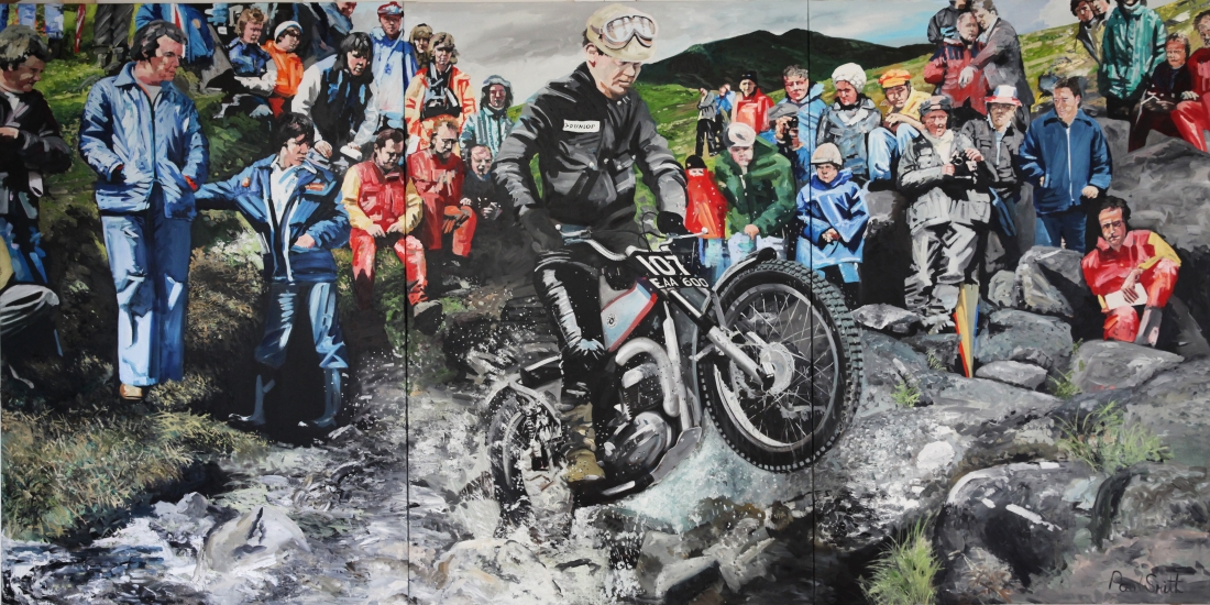 Sammy Miller, Scottish Six Day Trial.|Original Oil on canvas painting by Paul Smith.|Triptych,painted on 3 separate canvas.|72 x 144 inches (183 x 366 cm).|SOLD