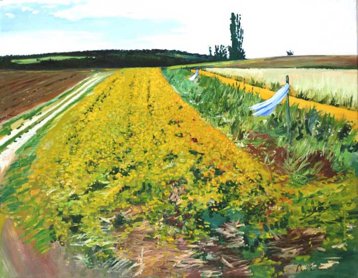 Farmers field near Porsche design center Weissach.|Original oil on linen canvas painting by artist Paul Smith.|Dimensins 28 x 36 inches (71 x 91 cm).|� POA