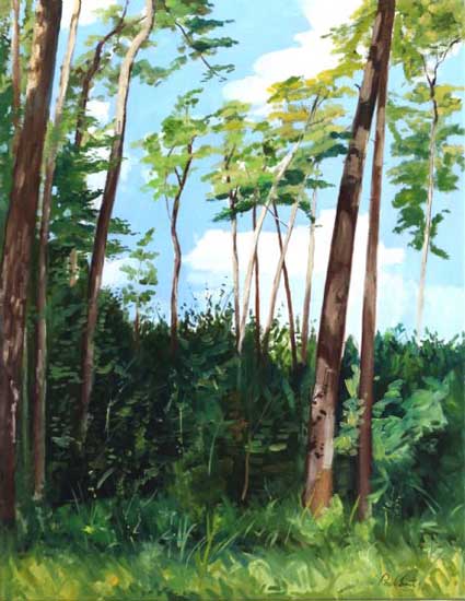 Trees in a landscape near the Porsche design center Weissach.|Original oil on canvas painting by artist Paul Smith.|36 x 28 inches (91 x 71 cm).|� POA