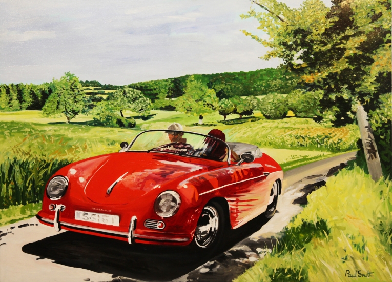 Porsche 356 Speedster in a Landscape near Weissach Germany.|Original oil on linen canvas painting by artist Paul Smith.36 x 48 inches (91 x 122 cm).| Sold