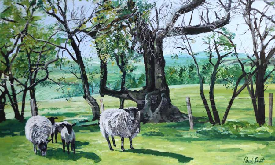 Landscape with sheep. 91 x 152 cm (36 x 60 inch).  Sold