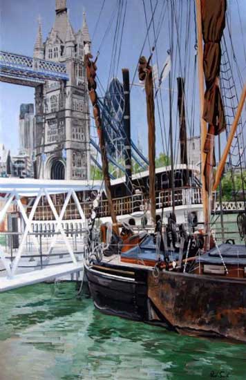 View Tower Bridge from Shad Thames. Oil on canvas 65 x 42 inches (165 x 107 cm).  Sold