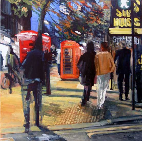 Leicester Square,Charing Cross Road, London, at night. Oil on canvas 46 x 46 inches (117 x 117 cm).  POA